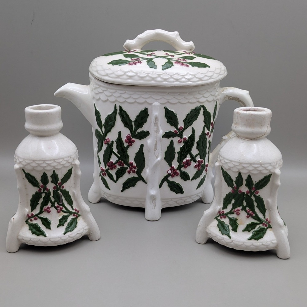 Vintage 1954 H.V.M Ceramic Holly Berry Teapot and Candlestick As Is Repair